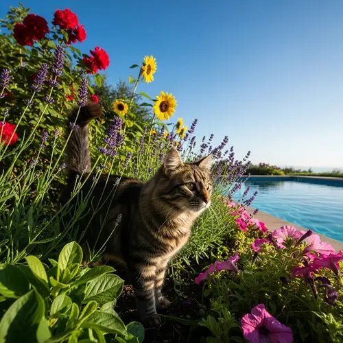 Cat Strolling in a Beautiful Garden by the Pool