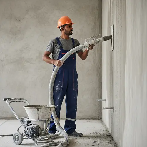 South Asian Male Worker - Mechanized Plastering Equipment Near Cement Wall
