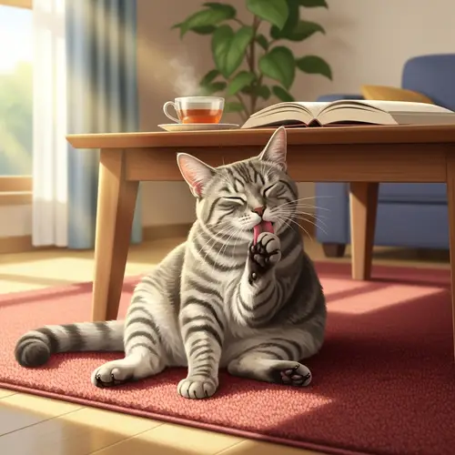 Tranquil Grey Tabby Cat Grooming on Red Rug