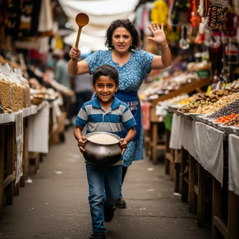 Energetic Market Kid Escaping with Pot of Rice in Vibrant Marketplace
