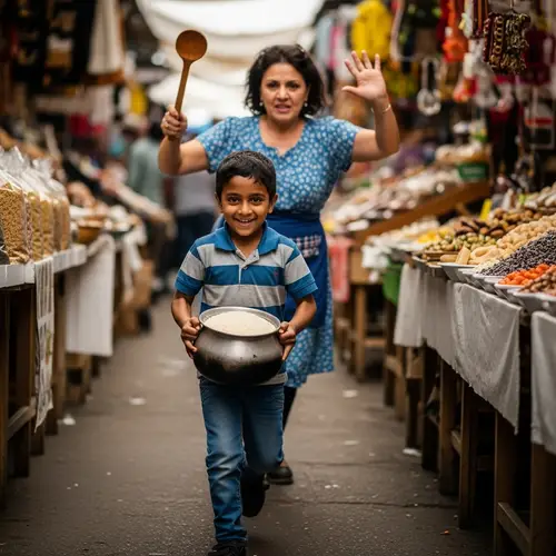 Energetic Kid Running with Pot of Rice in Vibrant Marketplace