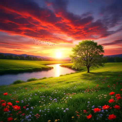 Tranquil Sunset Landscape with Vibrant Colors and Lush Green Fields