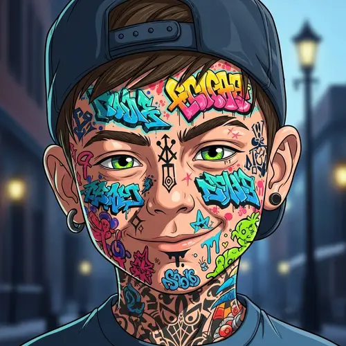 Mischievous Boy with Bold Street Art Tattoos
