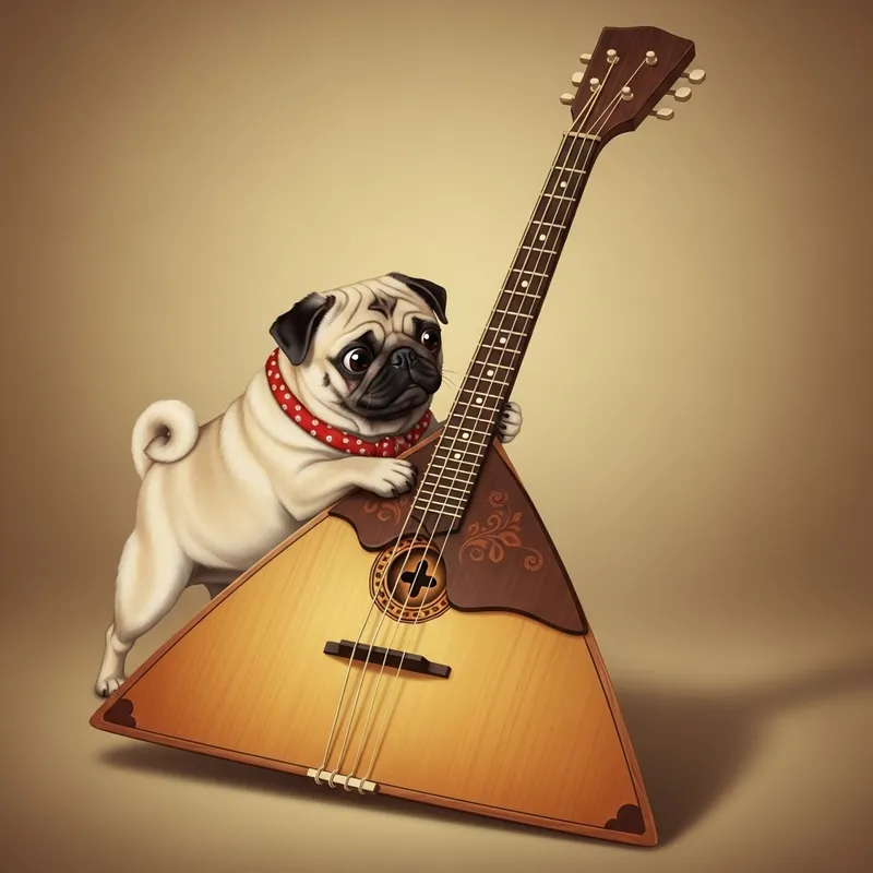 Playful Pug Interacting with Balalaika | Fun-loving Scene
