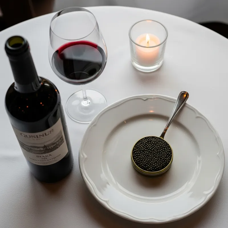 Black Caviar and Wine Plate with Candlelight in Elegant Setting