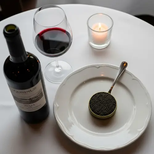 Elegant Black Caviar Dish with Wine and Candlelight