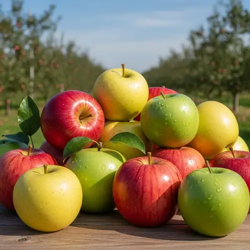 Detailed and Fresh Apple Variety Pile on Rustic Wooden Table