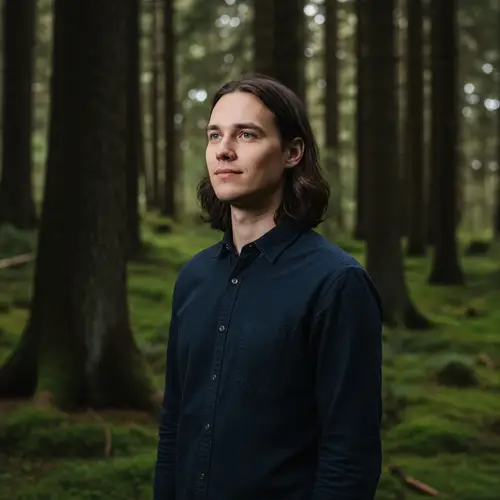 Finnish Man in Dark Forest: Serene Isolation and Enchantment