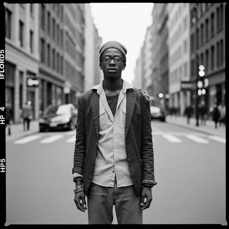 Raw Street Portrait Photography - Distinctive Young Man in Ilford HP5 Style