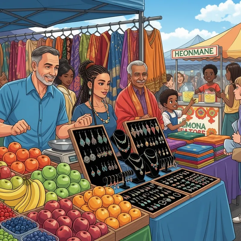 Vibrant Multicultural Market with Fresh Fruits, Jewelry, Textiles & Lemonade