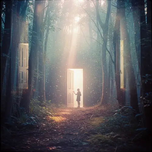 Mystical Forest Scene with Hidden Doorway | Dreamy Pastel Colors