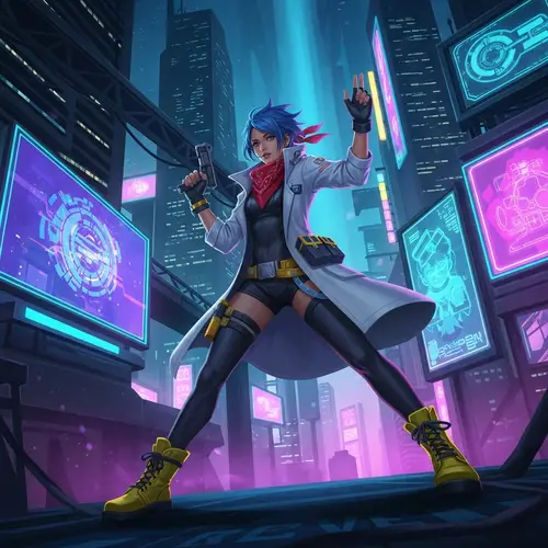 Futuristic Sci-Fi Scene with Iconic Character Bulma in Vibrant Cyberpunk Aesthetics