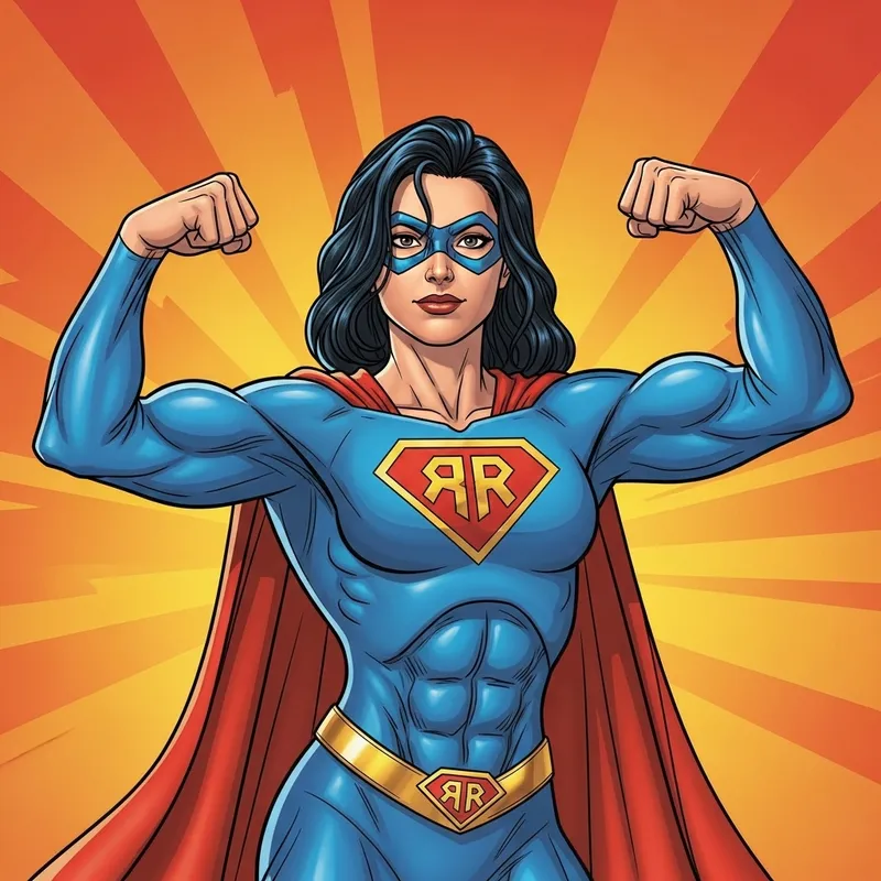 Empowering Hispanic Female Superhero | Flexing Mighty ‘RR’ Emblem