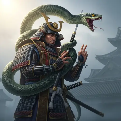 Daring Samurai Confronts Serpent in Ancient Japan