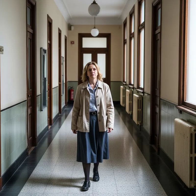 Historic Psychiatric Hospital: Woman with Blonde Hair Strolling Through Antique Corridors