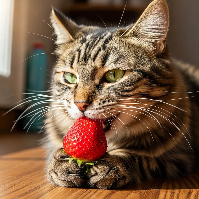 Cat Eating Strawberry - Adorable Scene of Feline Enjoying a Sweet Treat