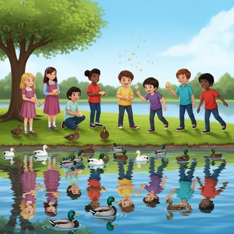 Children Playing by Pond Filled with Ducks Children Playing by Pond Filled with Ducks