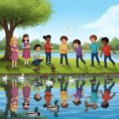 Diverse Group of Children Playing by Lake with Ducks