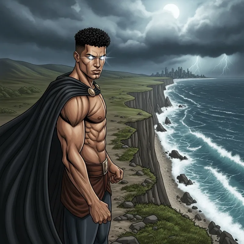 Heroic South Asian Figure Facing Stormy Sea
