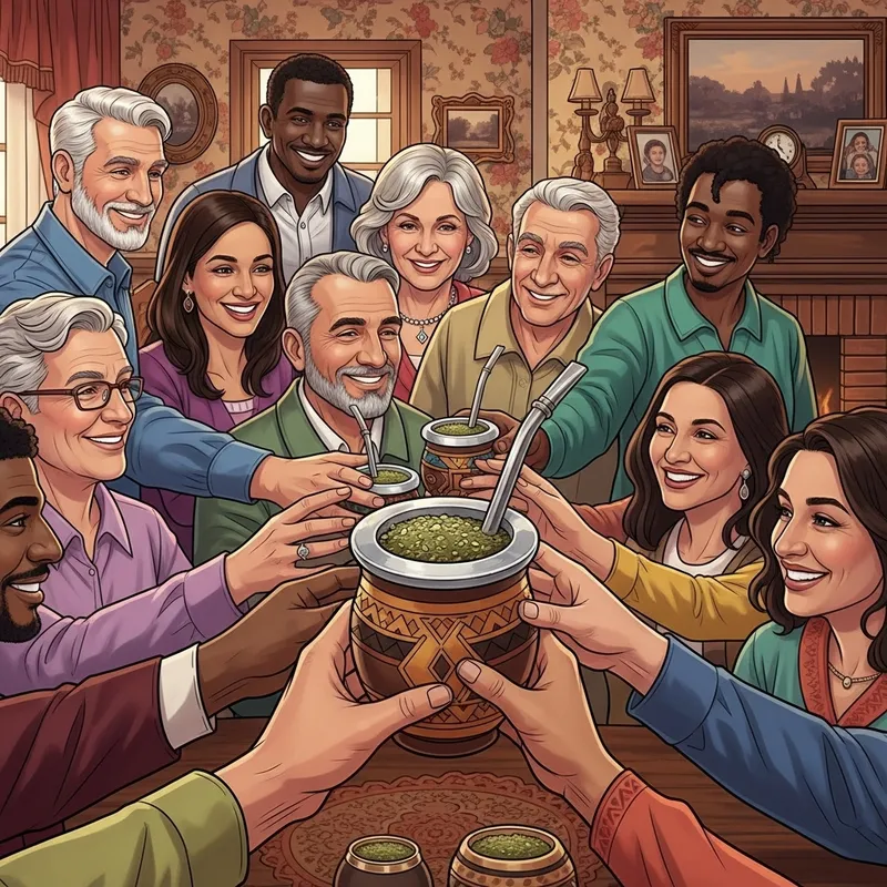 Vibrant Illustration of Diverse Group Sharing Yerba Mate at Grandparent's Home