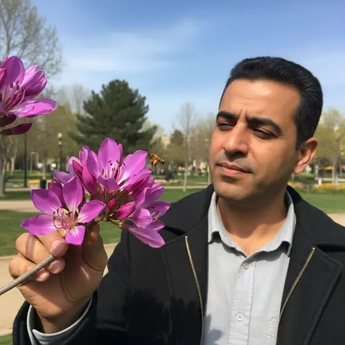 Middle-Eastern Man Engaging in Tranquility with Blossoming Flower