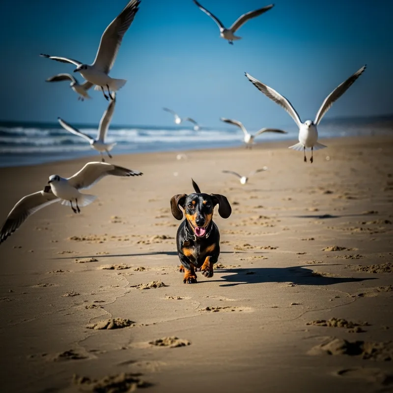 Vibrant Dachshund Running on Sandy Beach | Dynamic Pet Photography Vibrant Dachshund Running on Sandy Beach | Dynamic Pet Photography
