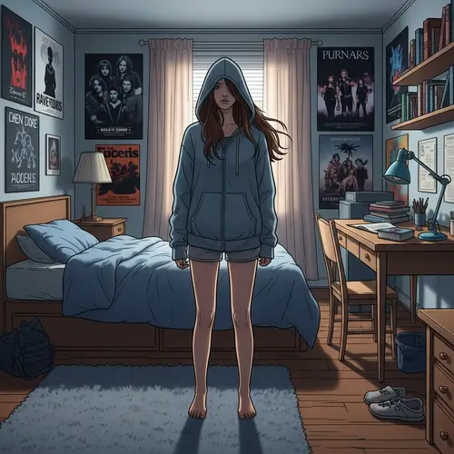 Teenage Girl in Unzipped Hoodie Standing in Cozy Room