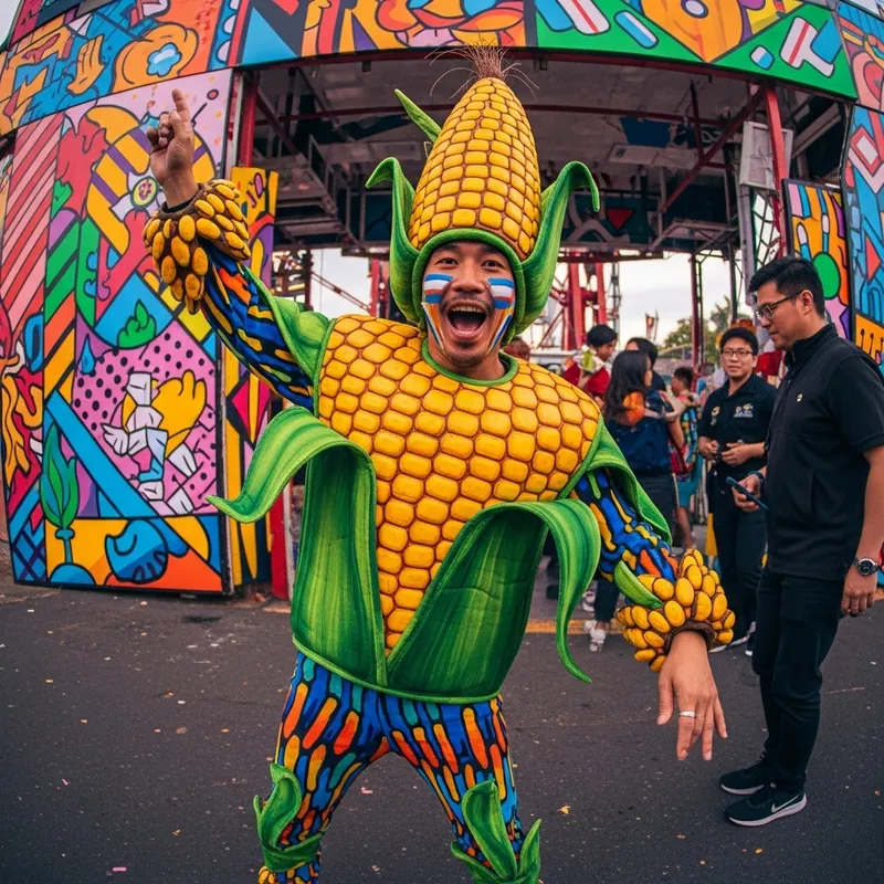 Lively Carnival Scene with Intricately Detailed Corn Costume