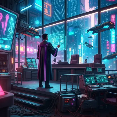 Futuristic Cyberpunk City Courtroom with South Asian Judge