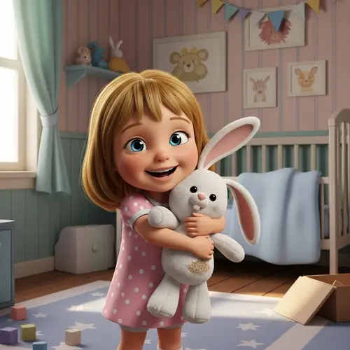 Adorable Girl Hugging Plush Bunny in Cartoon-like Nursery Room