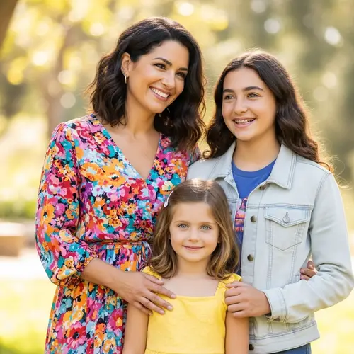 Smiling Hispanic Woman with 2 Daughters | Genuine Family Bond