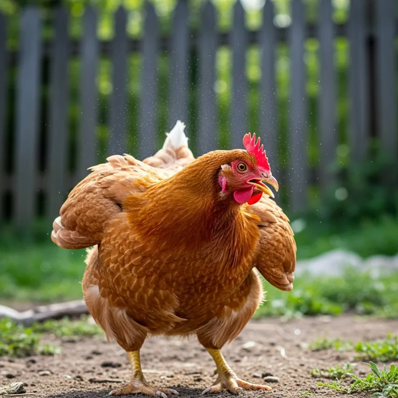 Playful Chicken Shaking Feathers in Farmyard Dance