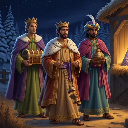 Traditional Carol Scene with Three Wise Kings in a Mystical Stable