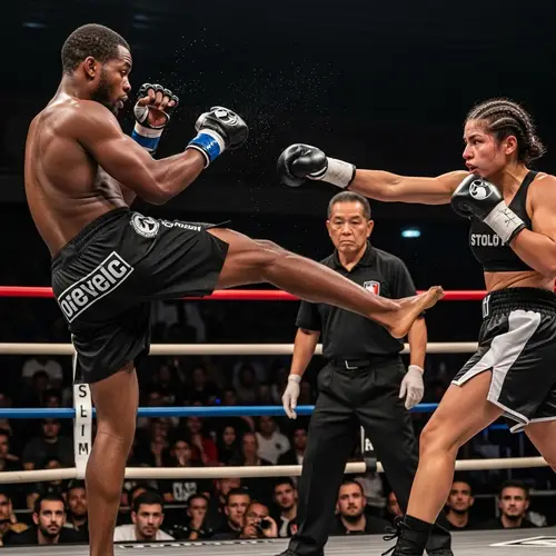 Intense MMA Fight: Black vs Hispanic Boxer in Brightly Lit Ring