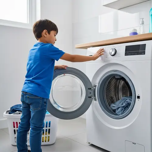 Confident Hispanic Boy Using Washing Machine | Child Appliance Interaction