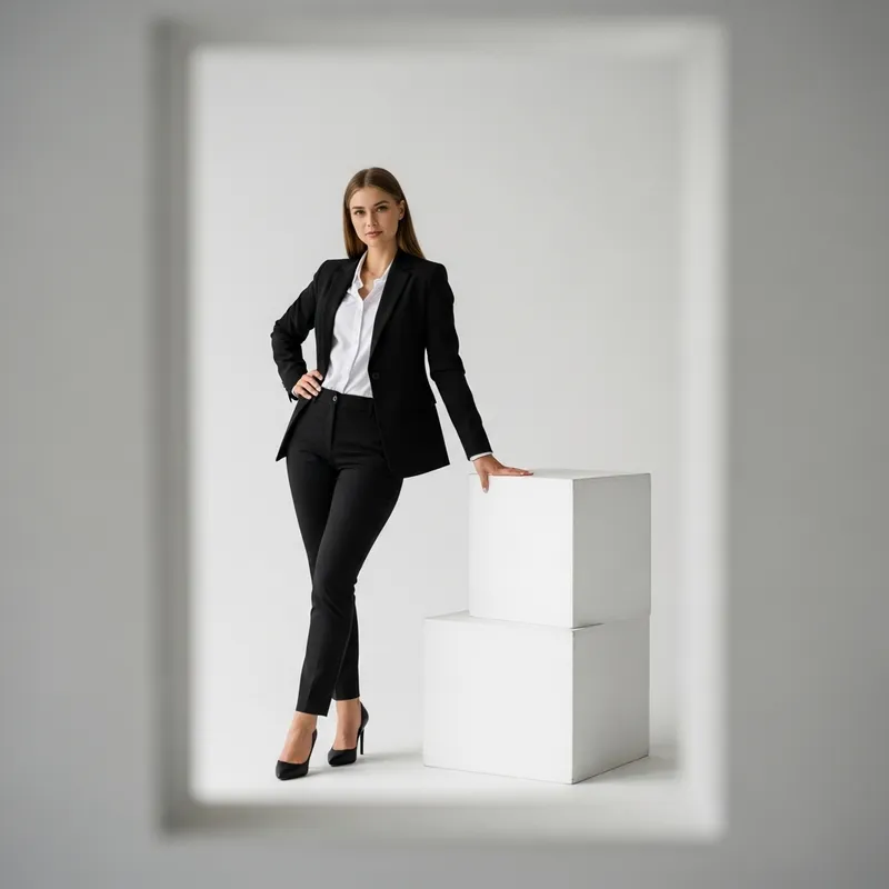 Professional Girl in White Studio with Cube - Business Attire