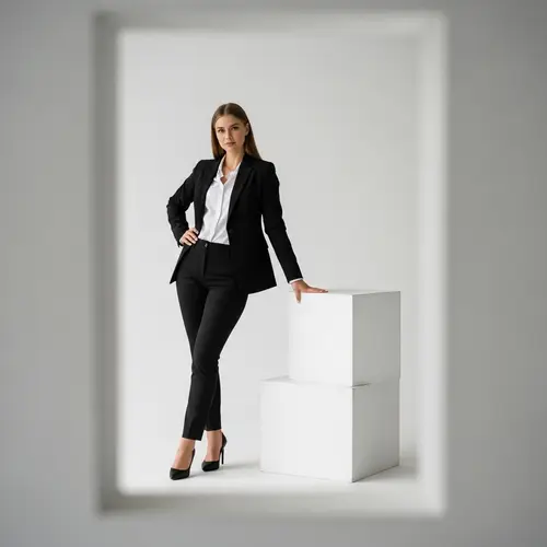 Professional Caucasian Girl in White Photo Studio with Geometric Cube
