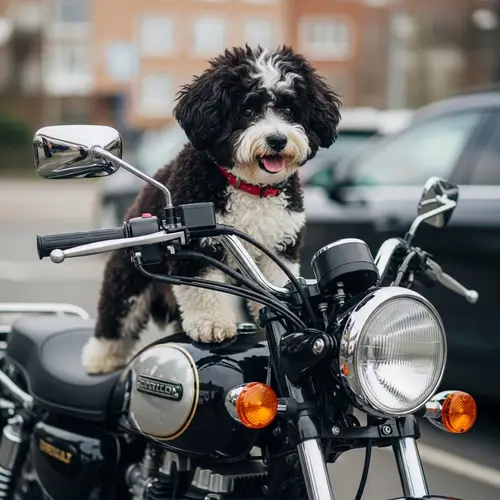 Black and White Bichon Frise Riding on Classic Motorcycle