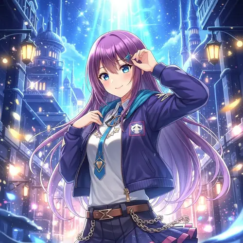 Anime-Style Teenager Girl Illustration in Magical Cityscape