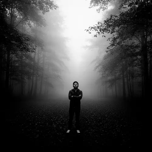 Asian Man in Moody Foggy Forest | Vintage Monochrome Scene