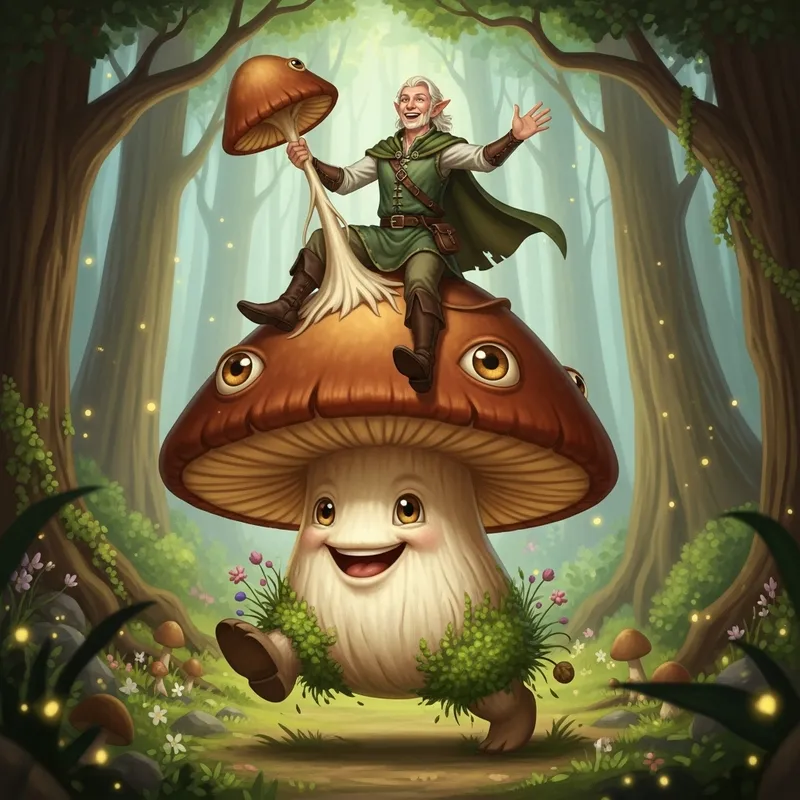 Handsome Elf Riding Big Brown Living Mushroom in Woodland Adventure