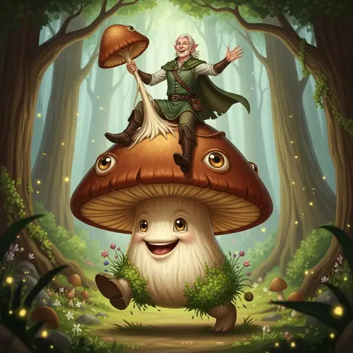 Middle-Aged Elf Riding Brown Mushroom in Woodland Journey