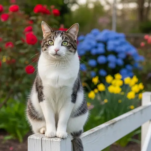 Garden Scene with Black and White Cat on White Fence