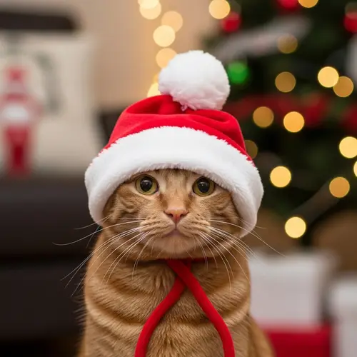 Festive Christmas Cat in Red Hat | Ginger Short-Hair Breed