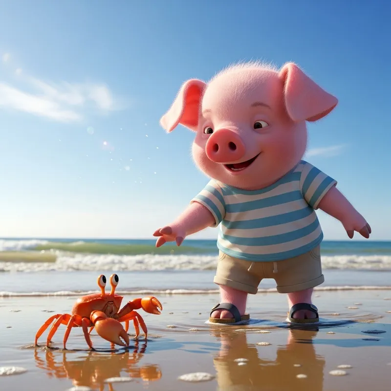 Pepa Pig Playing with Crab on Beach - Cute Summer Scene Pepa Pig Playing with Crab on Beach - Cute Summer Scene