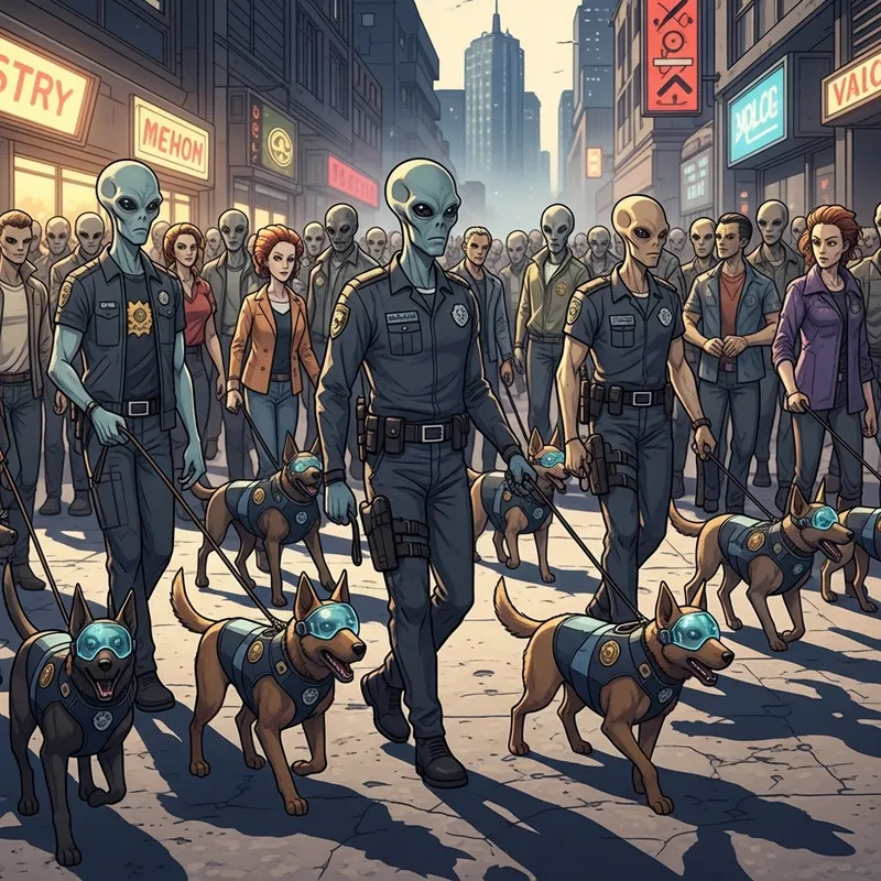 Extraterrestrials Walking K-9 Police Dogs on Leashes Extraterrestrials Walking K-9 Police Dogs on Leashes
