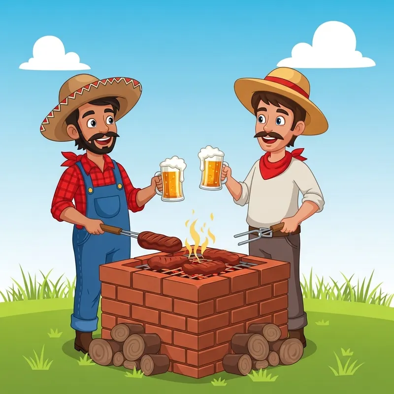 Lively Cartoon Hillbillies Grilling Meat with Beer on Brick BBQ