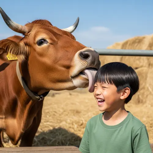 Brown Cow Licking Boy's Head - Heartwarming Farm Interaction
