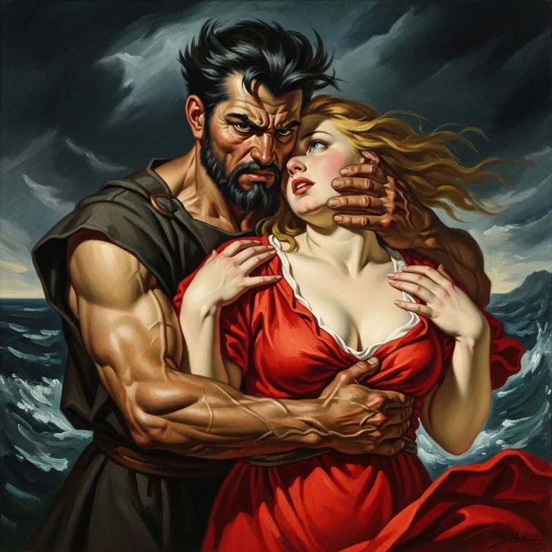 Muscular Man Embracing Busty Woman - Romantic Painted Scene Muscular Man Embracing Busty Woman - Romantic Painted Scene