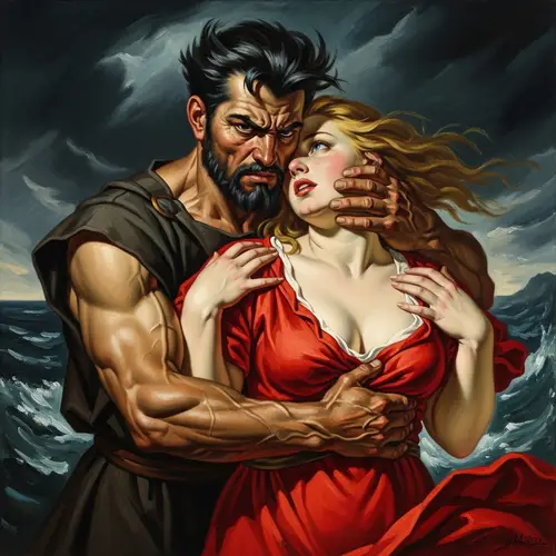 Hispanic Man Embracing Caucasian Woman - Romantic Oil Painting